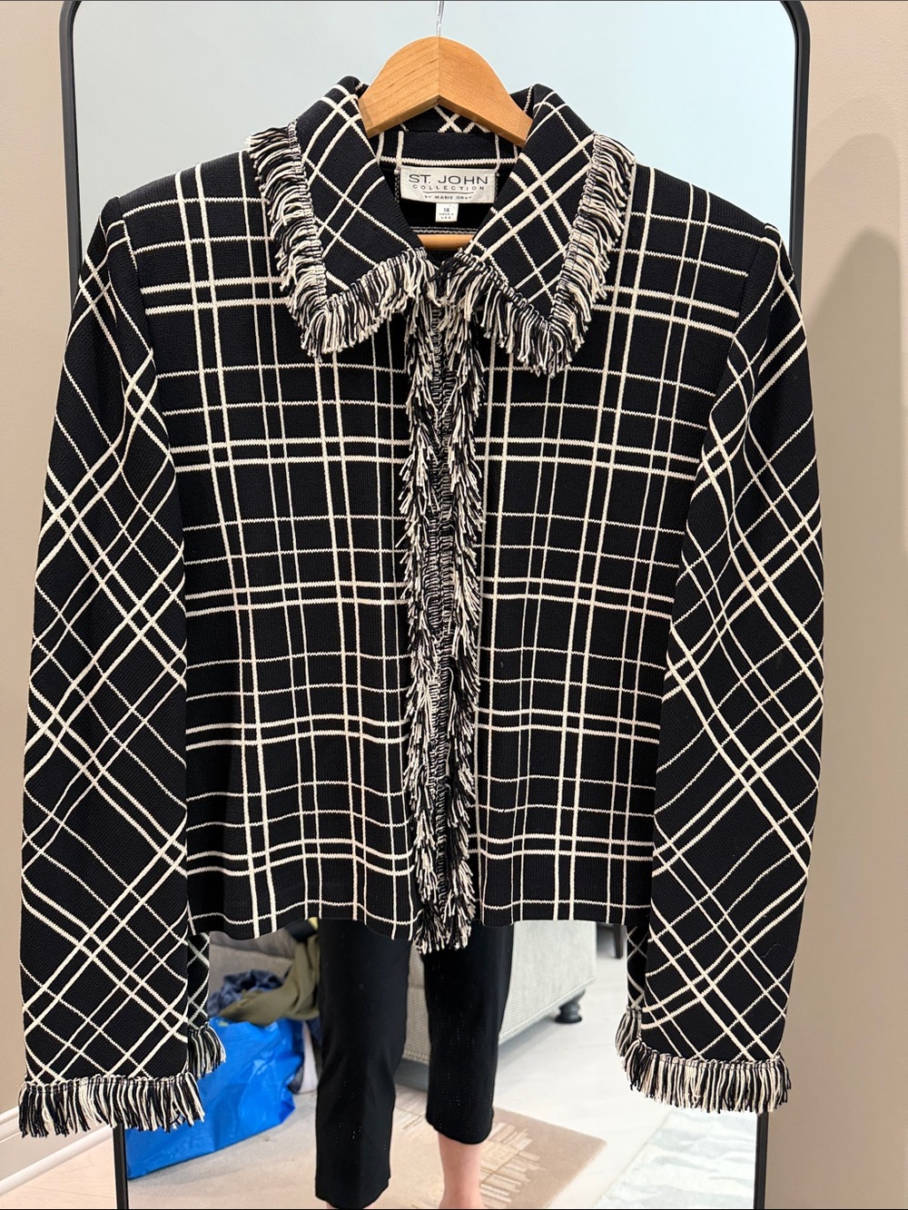 St. John Black & Cream Fringe Trim Plaid Knit Jacket